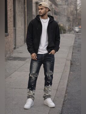 KDNK XXL 38 Distressed Paint Splatter Bleach Wash Jeans Men’s Streetwear Denim